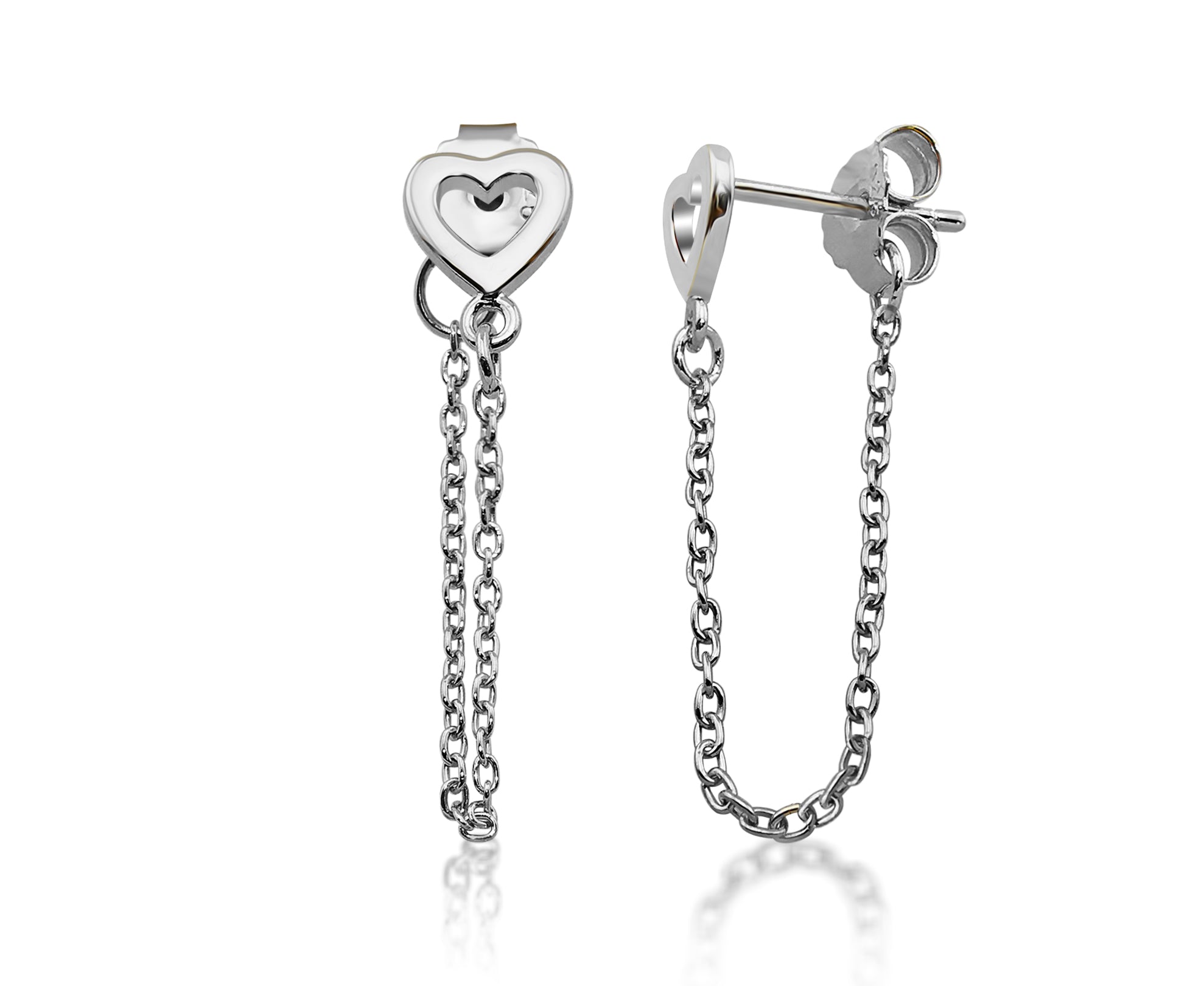Open Heart Chain Drop Earrings - Silver